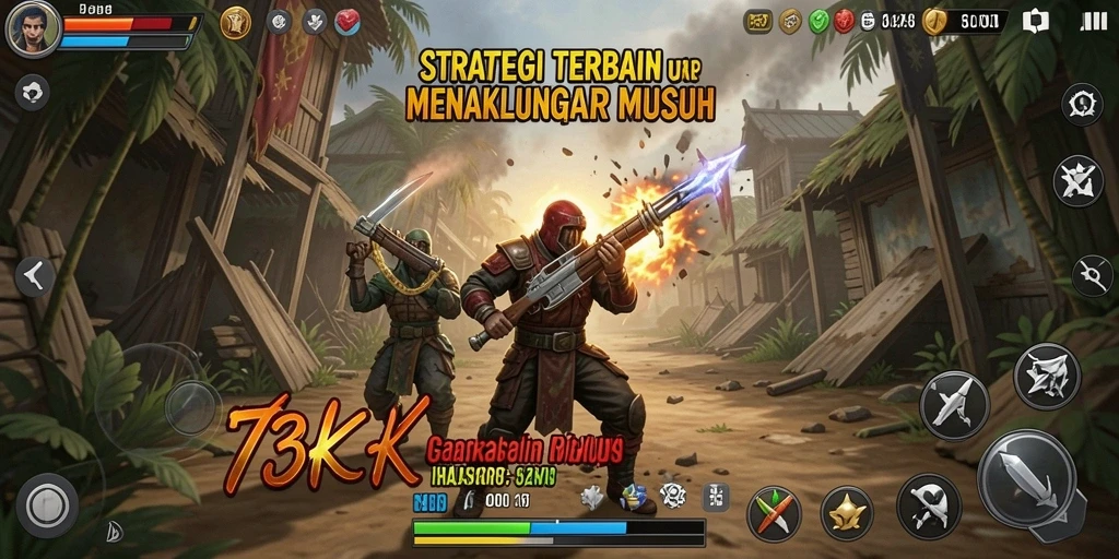 Screenshot gameplay 73K menampilkan karakter dalam pertempuran strategis.