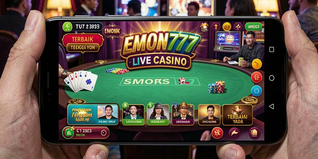 Screenshot gameplay EMON777 menampilkan dealer profesional di meja permainan.