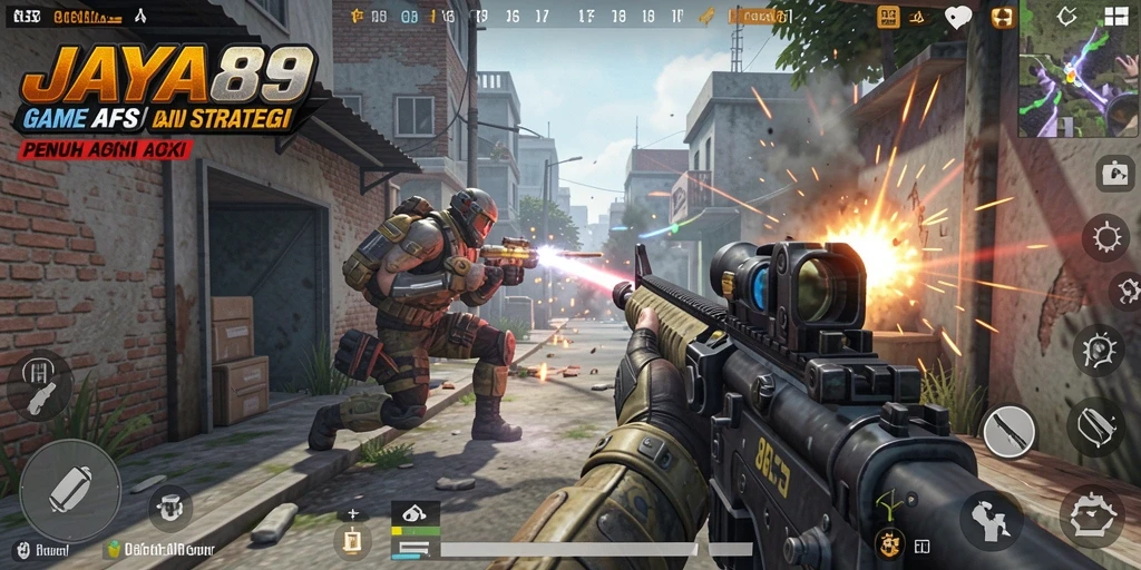 Screenshot gameplay JAYA89 menampilkan aksi intens dalam pertempuran FPS.