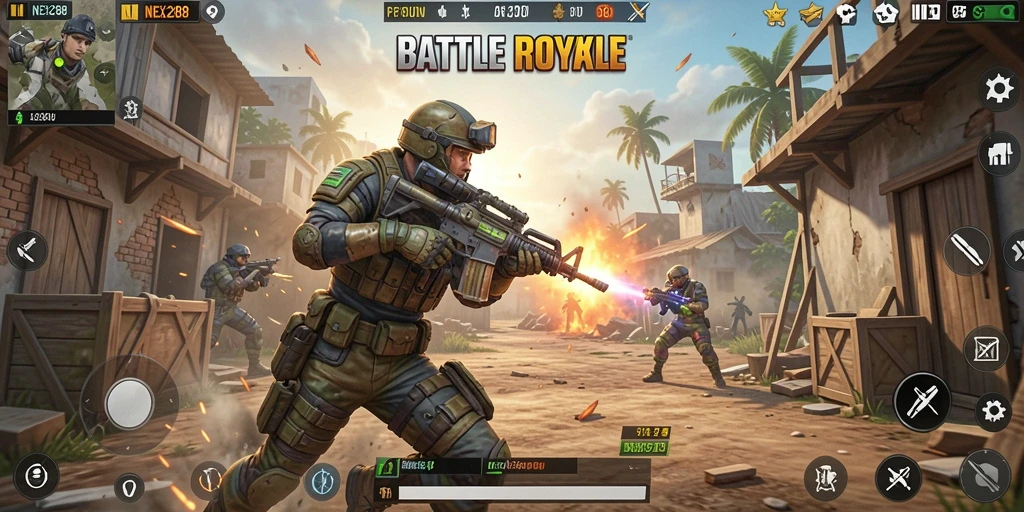 Screenshot NEX288 menampilkan aksi mendebarkan dalam pertarungan Battle Royale.