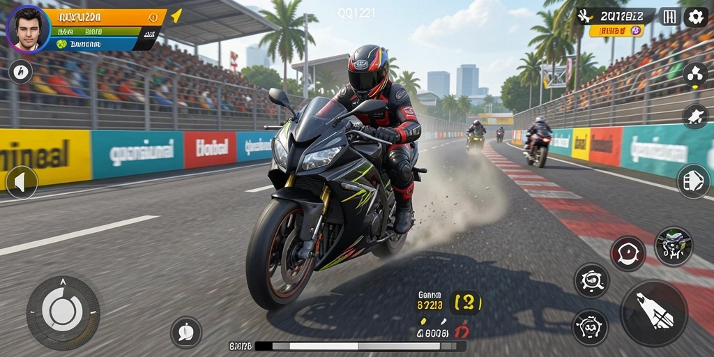 Screenshot gameplay QQ1221 yang menampilkan balapan motor yang seru.